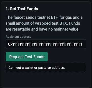 BTX.supply faucet panel with recipient address