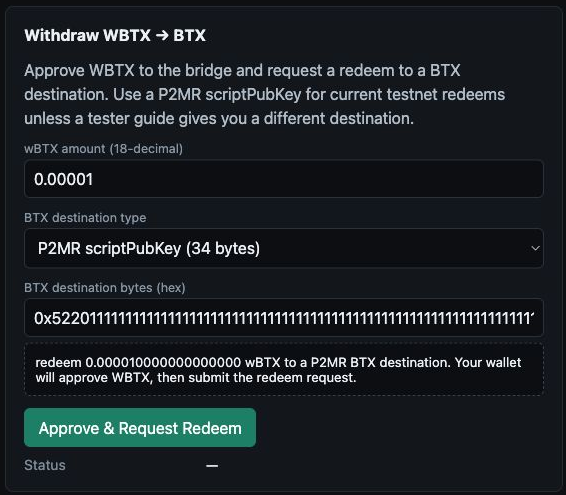 WBTX redeem panel with amount and P2MR destination
